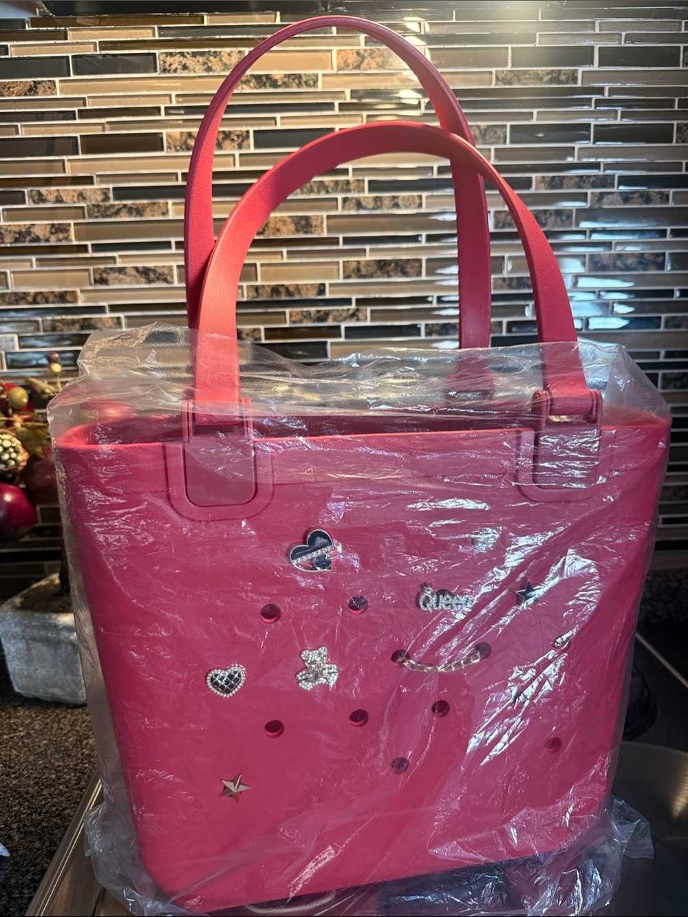 Pink Women's Tote Bag with Decorative Charms
